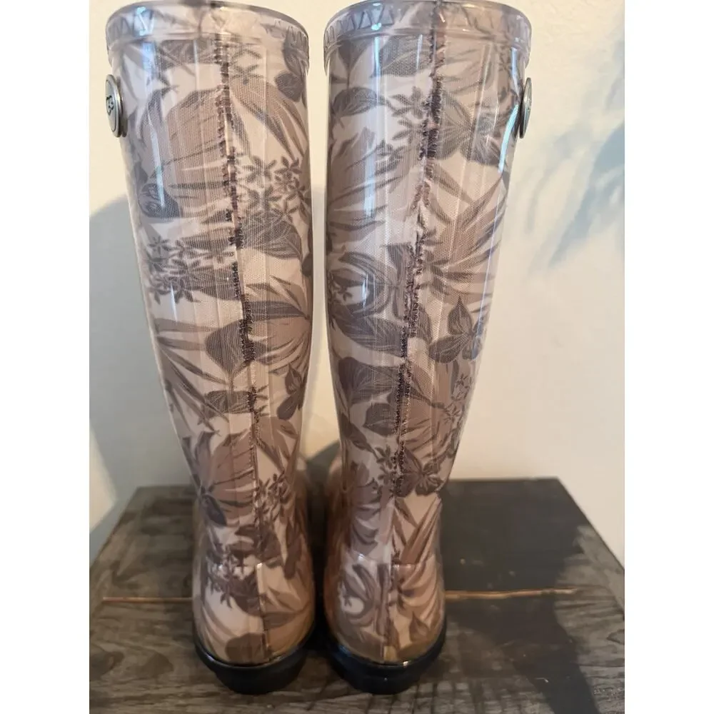 Ugg Women Boots Shaye Island Floral Rain Boot Tropical Asphalt Black Tan Size 9